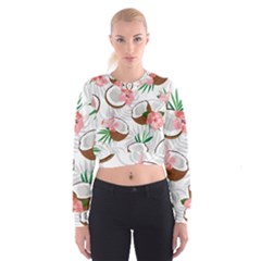 Seamless Pattern Coconut Piece Palm Leaves With Pink Hibiscus Cropped Sweatshirt by Vaneshart