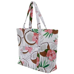 Seamless Pattern Coconut Piece Palm Leaves With Pink Hibiscus Zip Up Canvas Bag by Vaneshart