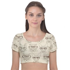 Seamless Pattern Hand Drawn Cats With Hipster Accessories Velvet Short Sleeve Crop Top  by Vaneshart