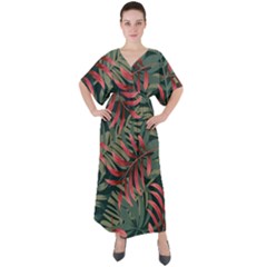 Trending Abstract Seamless Pattern With Colorful Tropical Leaves Plants Green V-neck Boho Style Maxi Dress by Vaneshart