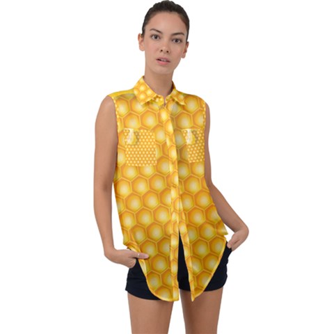 Abstract Honeycomb Background With Realistic Transparent Honey Drop Sleeveless Chiffon Button Shirt by Vaneshart
