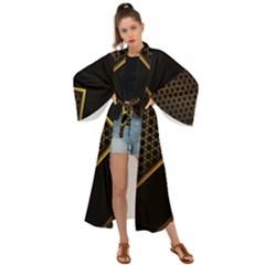 Black Arrow Gold Line Hexagon Mesh Pattern Maxi Kimono by Vaneshart