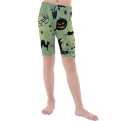 Funny Halloween Pattern With Witch, Cat And Pumpkin Kids  Mid Length Swim Shorts by FantasyWorld7