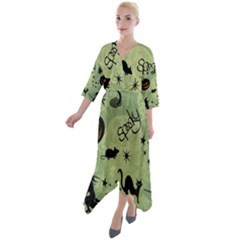 Funny Halloween Pattern With Witch, Cat And Pumpkin Quarter Sleeve Wrap Front Maxi Dress by FantasyWorld7