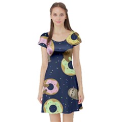 Cute Sloth With Sweet Doughnuts Short Sleeve Skater Dress by Sobalvarro