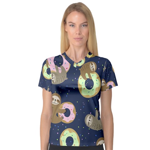 Cute Sloth With Sweet Doughnuts V-neck Sport Mesh Tee by Sobalvarro