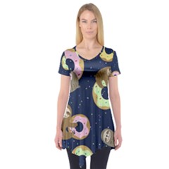 Cute Sloth With Sweet Doughnuts Short Sleeve Tunic  by Sobalvarro