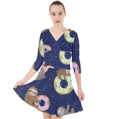 Cute Sloth With Sweet Doughnuts Quarter Sleeve Front Wrap Dress by Sobalvarro