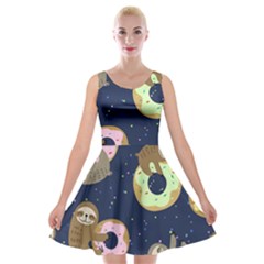 Cute Sloth With Sweet Doughnuts Velvet Skater Dress by Sobalvarro
