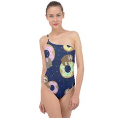 Cute Sloth With Sweet Doughnuts Classic One Shoulder Swimsuit by Sobalvarro