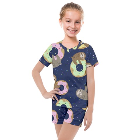 Cute Sloth With Sweet Doughnuts Kids  Mesh Tee And Shorts Set by Sobalvarro