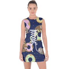 Cute Sloth With Sweet Doughnuts Lace Up Front Bodycon Dress by Sobalvarro