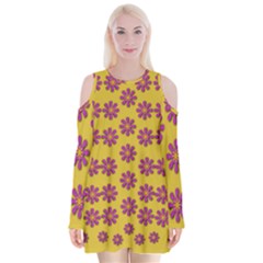 Fantasy Fauna Floral In Sweet Yellow Velvet Long Sleeve Shoulder Cutout Dress by pepitasart