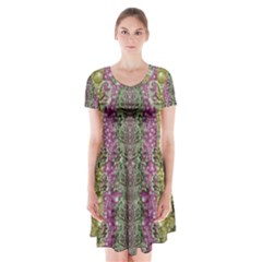 Leaves Contemplative In Pearls Free From Disturbance Short Sleeve V-neck Flare Dress by pepitasart