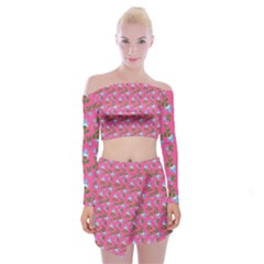 Carnation Pattern Pink Off Shoulder Top With Mini Skirt Set by snowwhitegirl