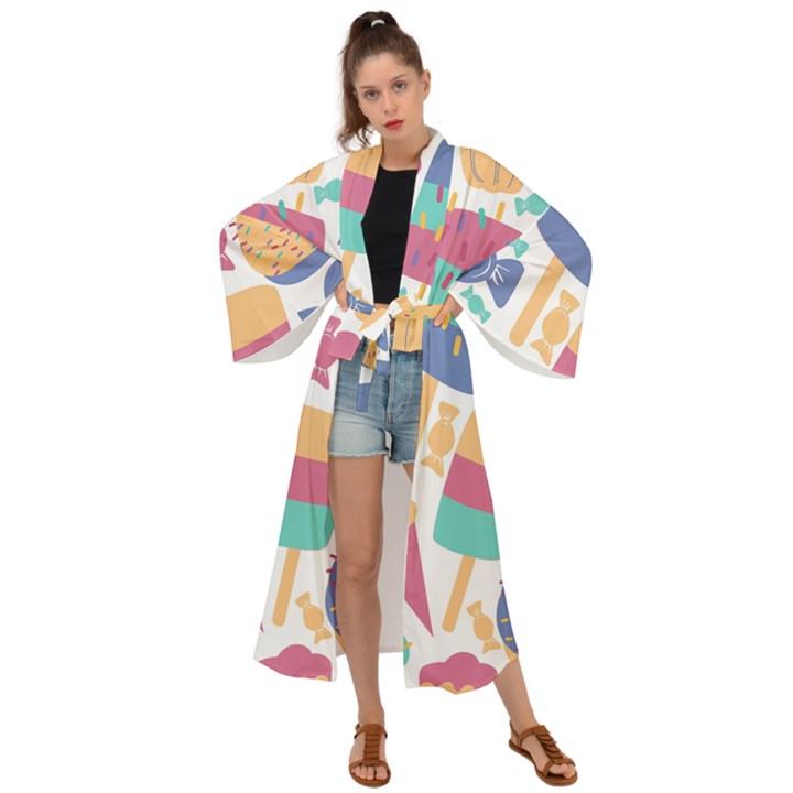 Icecream Pattern Pastel Sumer Maxi Kimono