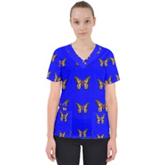 Butterfly Pattern Blue Insects Women s V-neck Scrub Top by Vaneshart