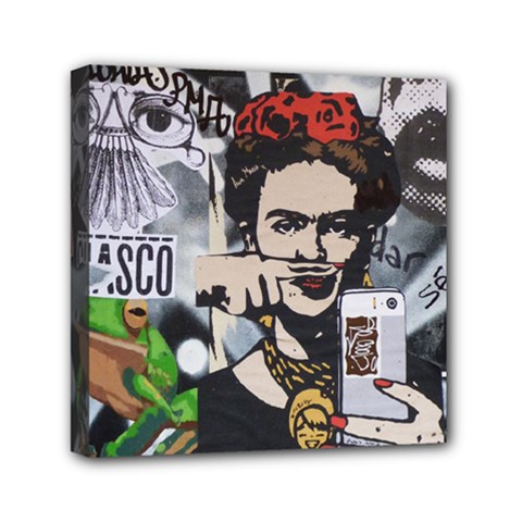 Frida Kahlo Brick Wall Graffiti Urban Art With Grunge Eye And Frog  Mini Canvas 6  X 6  (stretched) by snek