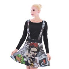 Frida Kahlo Brick Wall Graffiti Urban Art With Grunge Eye And Frog  Suspender Skater Skirt by snek