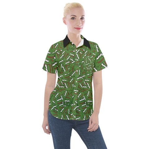 Pepe The Frog Face Pattern Green Kekistan Meme Women s Short Sleeve Pocket Shirt by snek