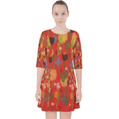 Flowers On Red Background Quarter Sleeve Pocket Dress by BePrettily
