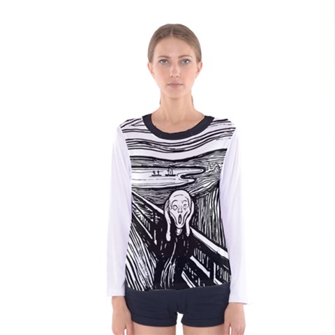 The Scream Edvard Munch 1893 Original Lithography Black And White Engraving Women s Long Sleeve Tee by snek