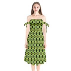 Green Black Abstract Pattern Shoulder Tie Bardot Midi Dress by BrightVibesDesign