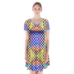 Colorful Circle Abstract White Brown Blue Yellow Short Sleeve V-neck Flare Dress by BrightVibesDesign