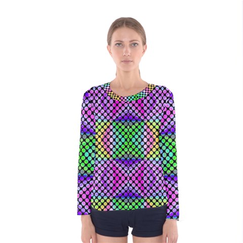 Bright  Circle Abstract Black Pink Green Yellow Women s Long Sleeve Tee by BrightVibesDesign