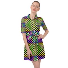 Bright  Circle Abstract Black Yellow Purple Green Blue Belted Shirt Dress by BrightVibesDesign