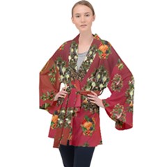 Wonderful Vintage Christmas Design Long Sleeve Velvet Kimono  by FantasyWorld7