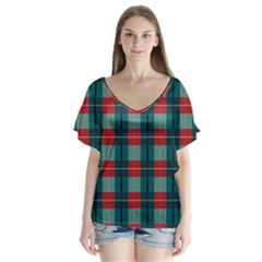 Pattern Texture Plaid V-neck Flutter Sleeve Top by Mariart
