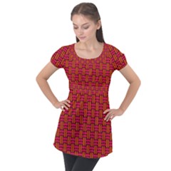 Pattern Red Background Structure Puff Sleeve Tunic Top