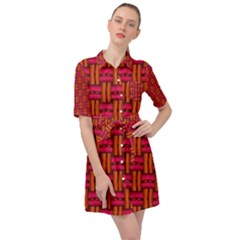 Pattern Red Background Structure Belted Shirt Dress