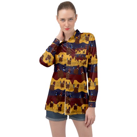 Turkey Pattern Long Sleeve Satin Shirt by bloomingvinedesign