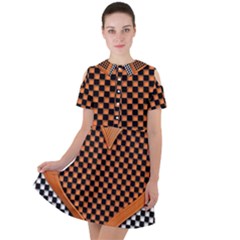 Heart Chess Board Checkerboard Short Sleeve Shoulder Cut Out Dress 