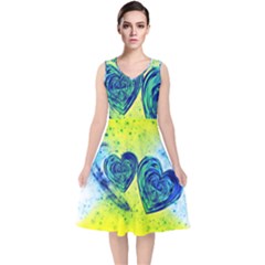 Heart Emotions Love Blue V-neck Midi Sleeveless Dress  by HermanTelo