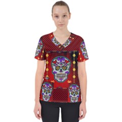 Awesome Sugar Skull With Hearts Women s V-neck Scrub Top by FantasyWorld7