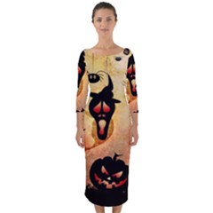 Funny Halloween Design, Pumpkin, Cat, Owl And Crow Quarter Sleeve Midi Bodycon Dress by FantasyWorld7