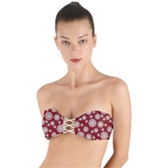 Snowflakes On Red Twist Bandeau Bikini Top by bloomingvinedesign