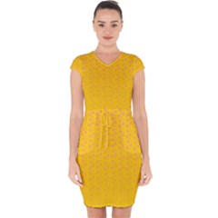 Background Polka Yellow Capsleeve Drawstring Dress 