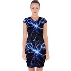 Blue Thunder Colorful Lightning Graphic Impression Capsleeve Drawstring Dress  by picsaspassion