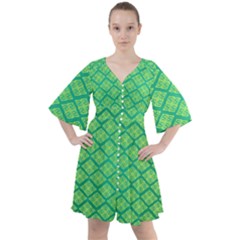 Pattern Texture Geometric Green Boho Button Up Dress