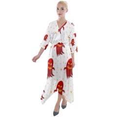 Ghost Halloween Drawing Flower Leaf Quarter Sleeve Wrap Front Maxi Dress by Vaneshart
