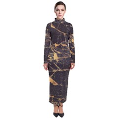Black Marble Texture With Gold Veins Floor Background Print Luxuous Real Marble Turtleneck Maxi Dress by genx