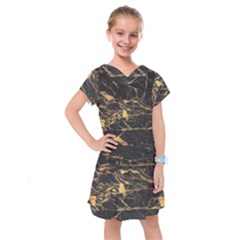 Black Marble Texture With Gold Veins Floor Background Print Luxuous Real Marble Kids  Drop Waist Dress by genx