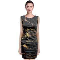 Black Marble Texture With Gold Veins Floor Background Print Luxuous Real Marble Sleeveless Velvet Midi Dress by genx