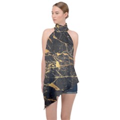 Black Marble Texture With Gold Veins Floor Background Print Luxuous Real Marble Halter Asymmetric Satin Top by genx