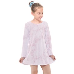 Pink Marble Texture Floor Background With Light Pink Veins Greek Marble Print Luxuous Real Marble  Kids  Long Sleeve Dress by genx