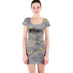 Marble Neon Retro Light Gray With Gold Yellow Veins Texture Floor Background Retro Neon 80s Style Neon Colors Print Luxuous Real Marble Short Sleeve Bodycon Dress by genx